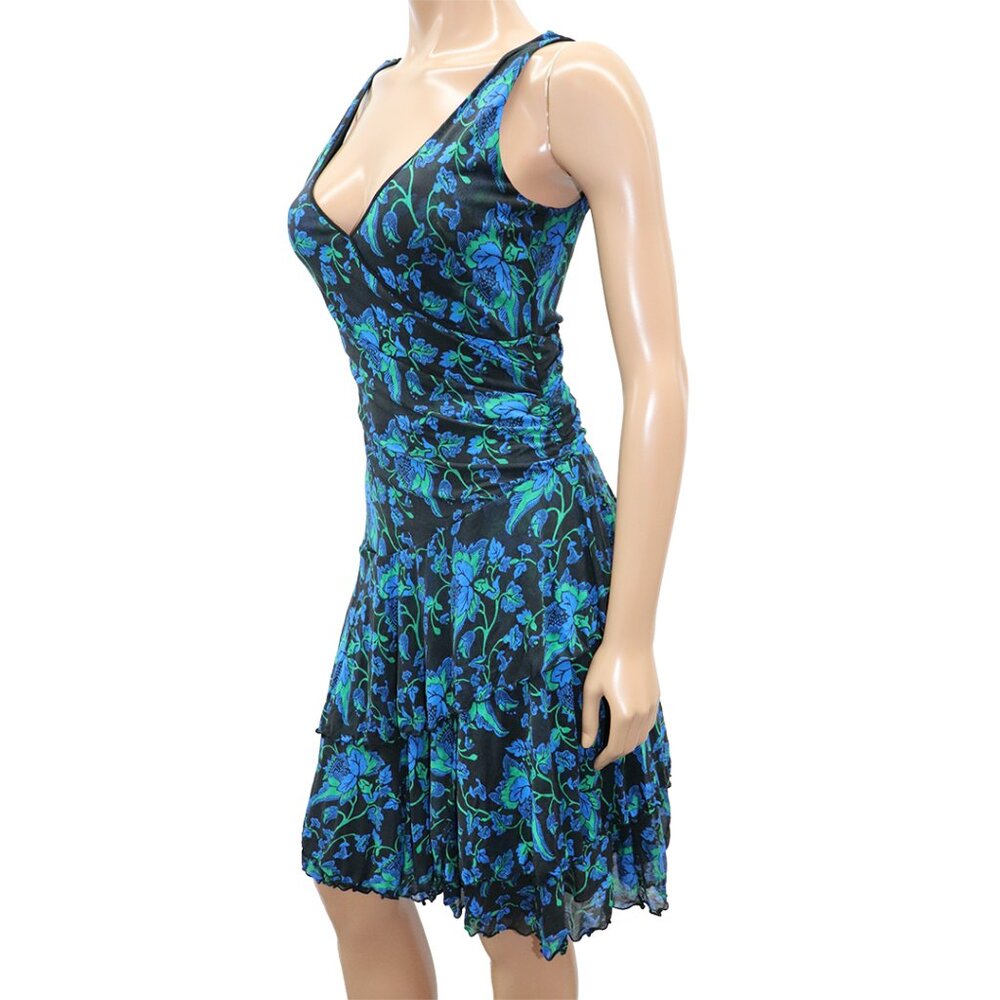 Y2K Blue Floral Mesh Mini Dress Ruched S-M - Picture 4 of 6